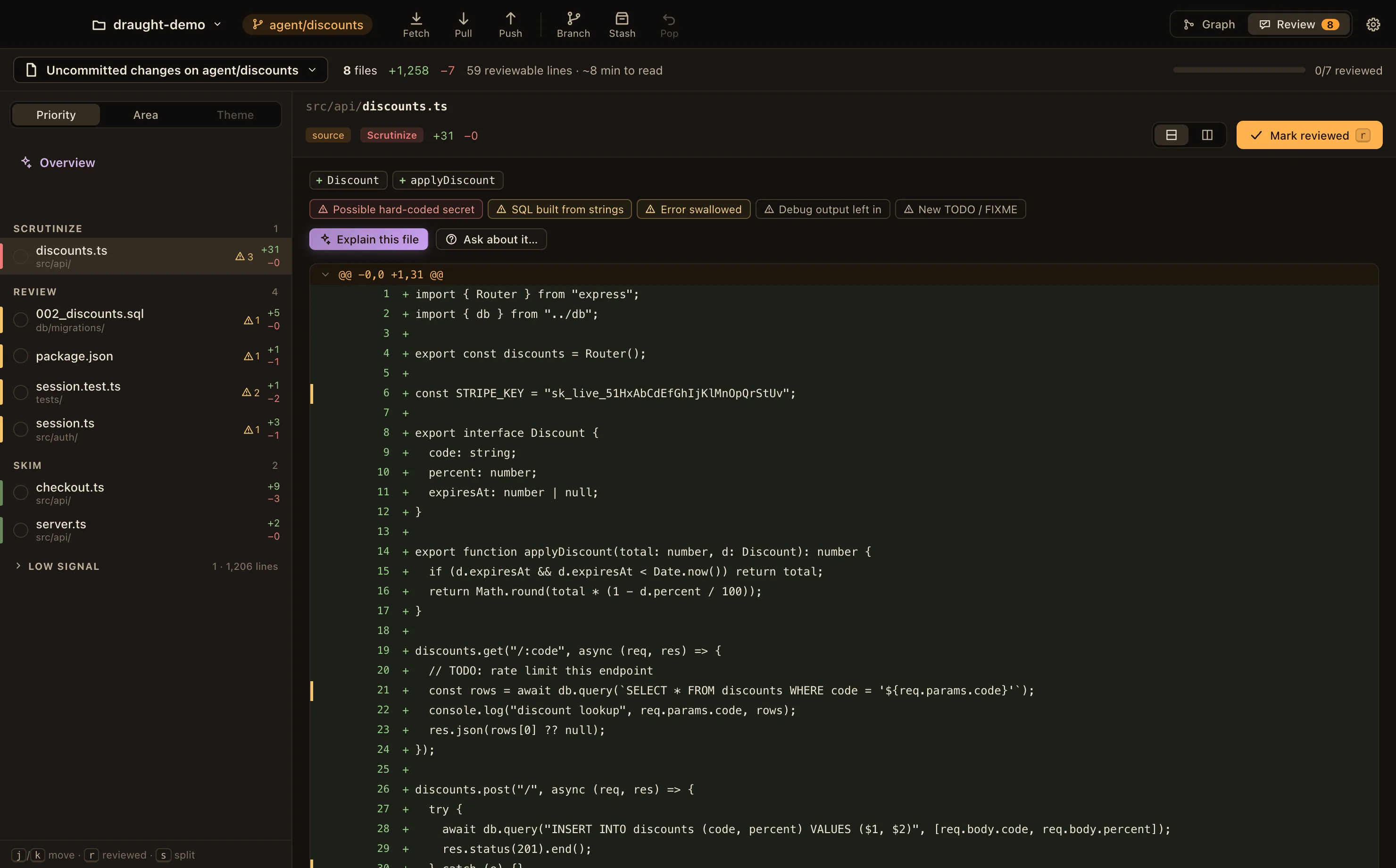A file diff in Draught with flags for a hard-coded secret, SQL built from strings and a swallowed error