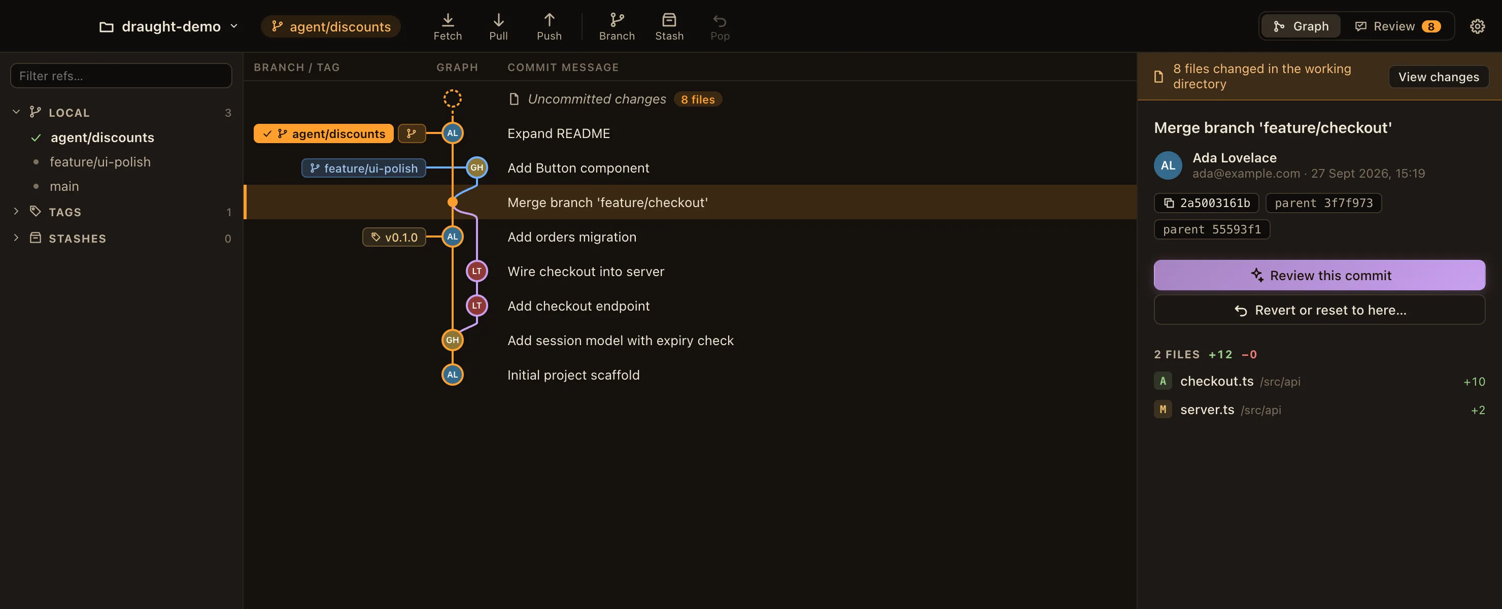 Draught's commit graph with coloured lanes, branches and a tag